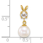 14k Polished 7-8mm Round White Freshwater Cultured Pearl Dangle and White Topaz Pendant
