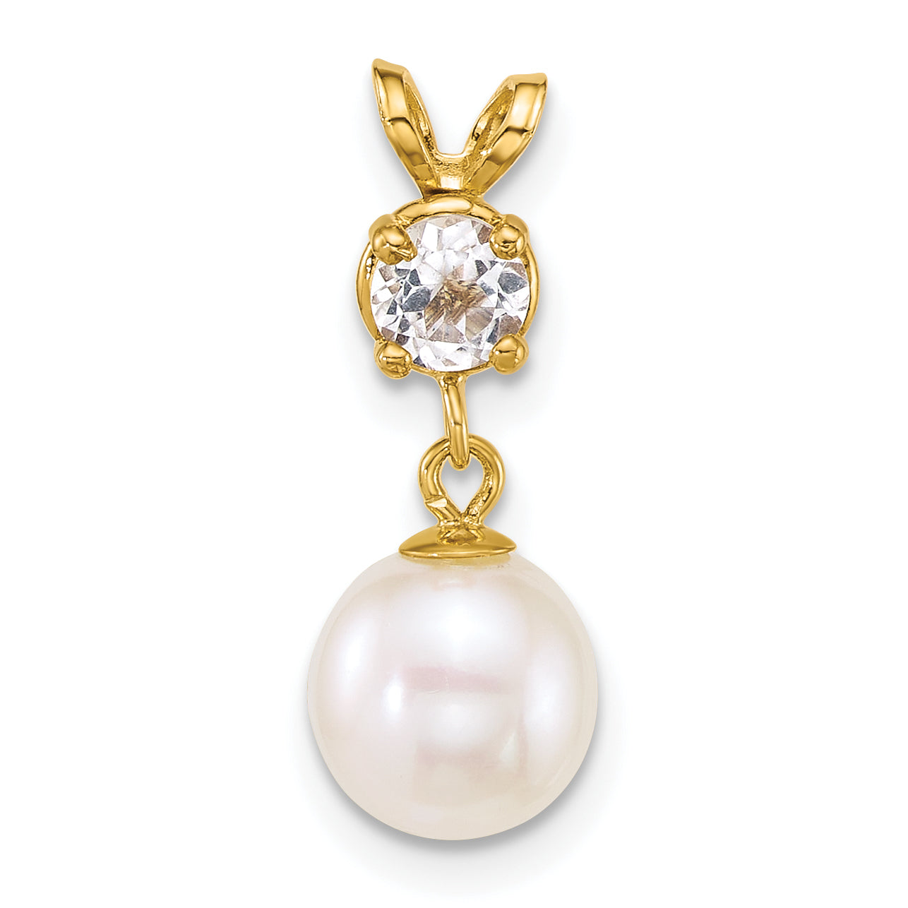 14k Polished 7-8mm Round White Freshwater Cultured Pearl Dangle and White Topaz Pendant Main image