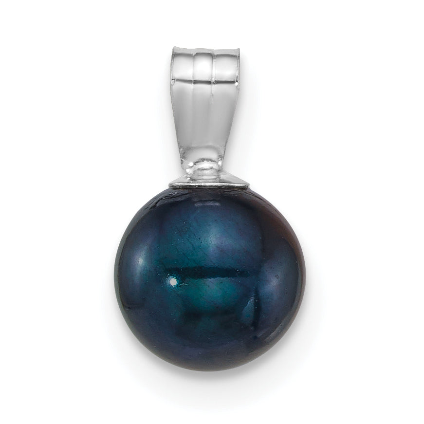 14k White Gold Polished 7-8mm Round Black Freshwater Cultured Pearl Pendant Main image