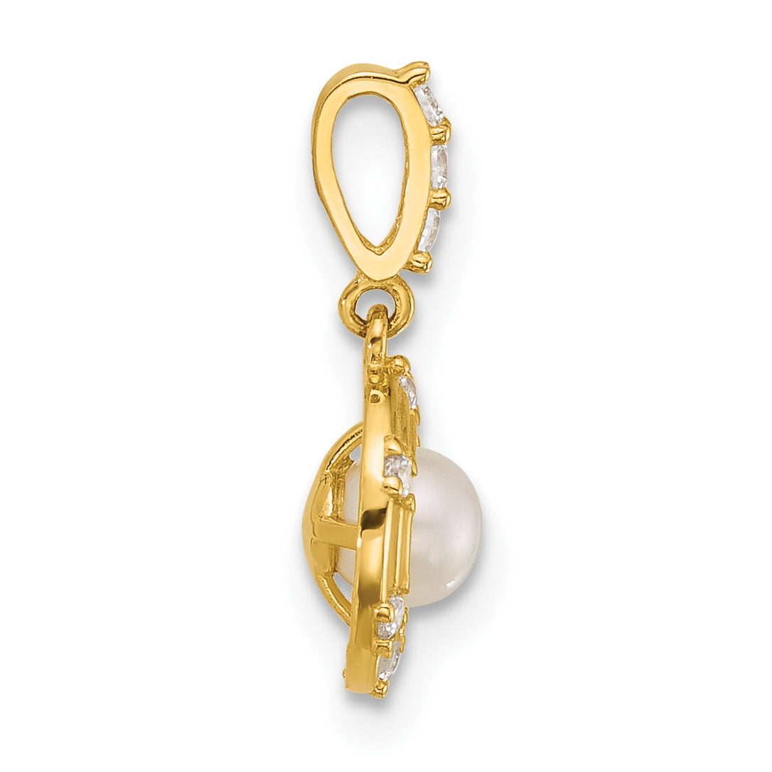 14k Polished and Grooved White Freshwater Cultured Pearl and CZ Circle Pendant Secondary image