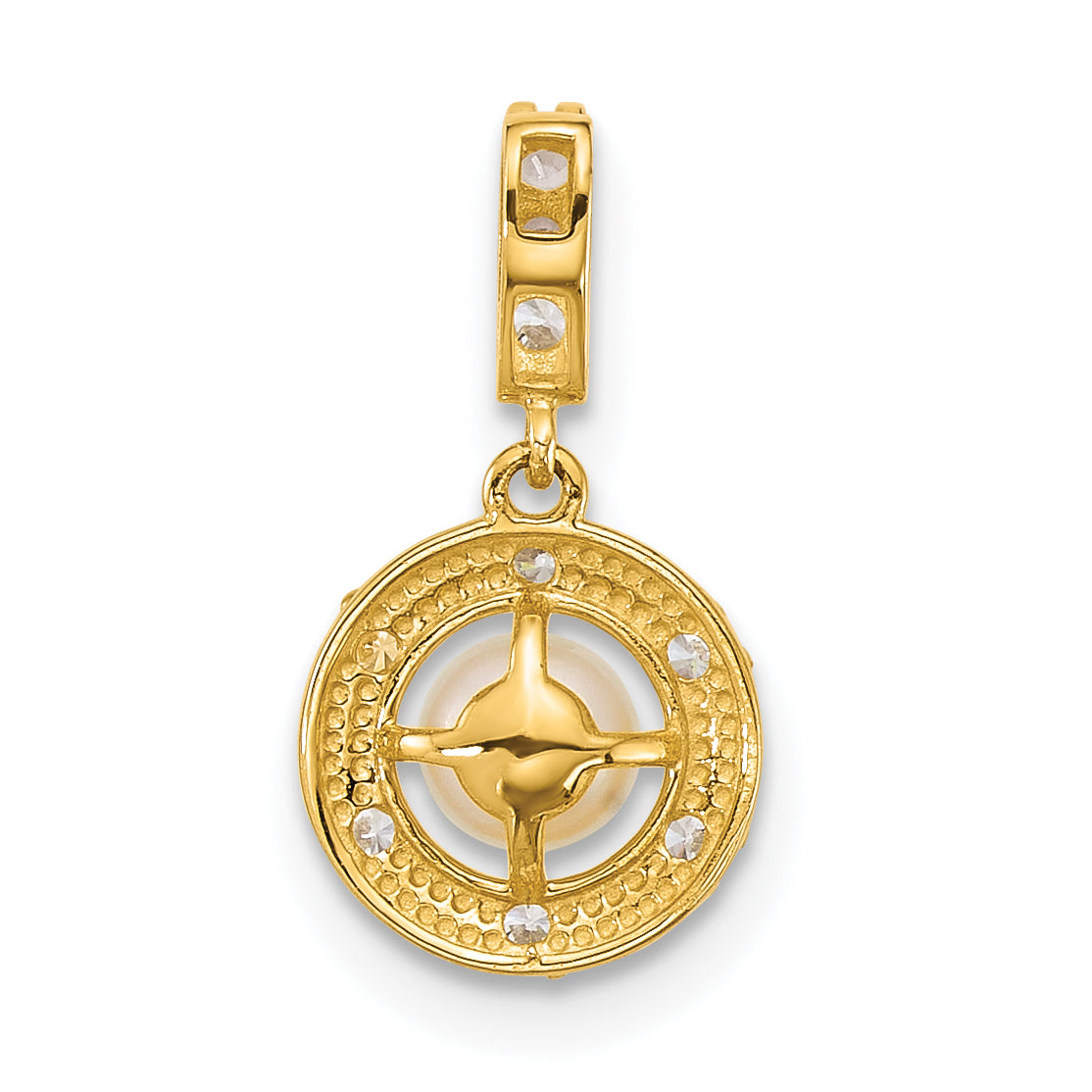 14k Polished and Grooved White Freshwater Cultured Pearl and CZ Circle Pendant