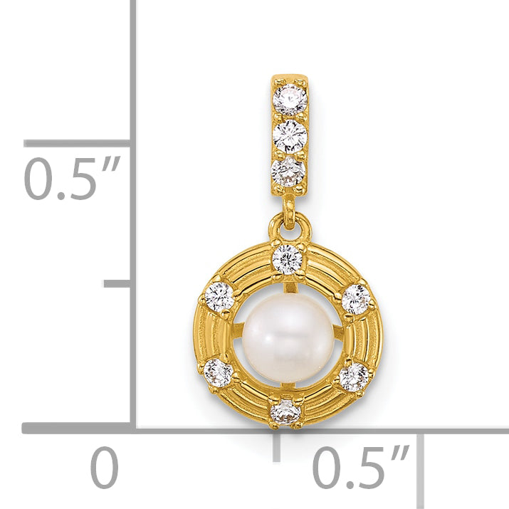 14k Polished and Grooved White Freshwater Cultured Pearl and CZ Circle Pendant