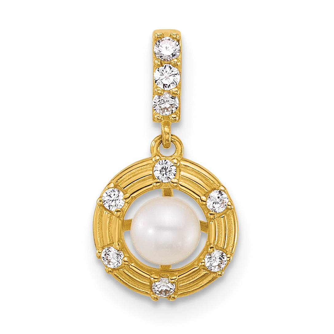 14k Polished and Grooved White Freshwater Cultured Pearl and CZ Circle Pendant