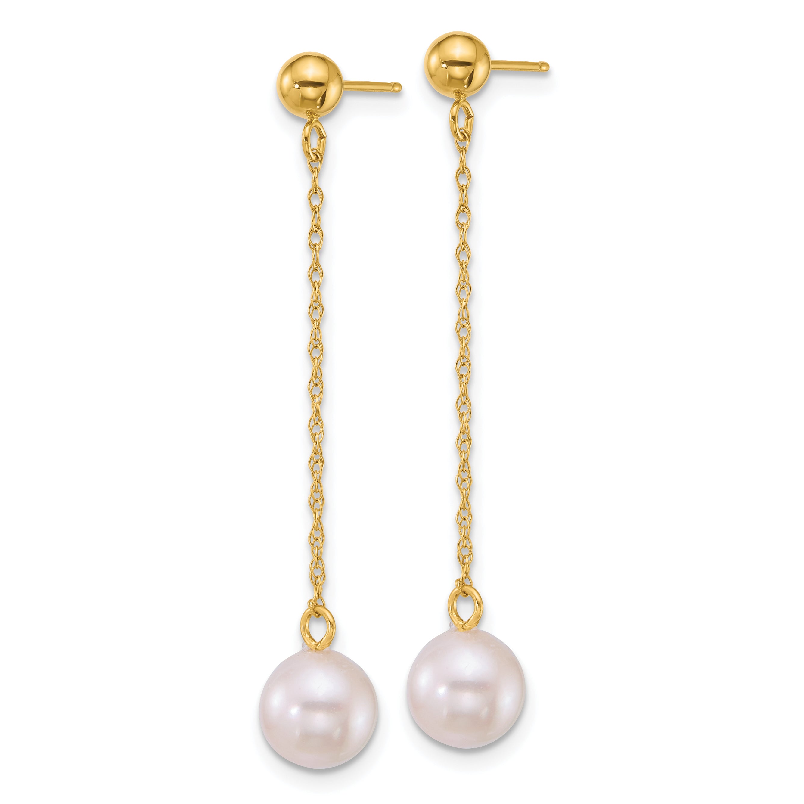 14k Polished 6.5-7mm White Round Akoya Saltwater Cultured Pearl Chain Dangle Post Earrings