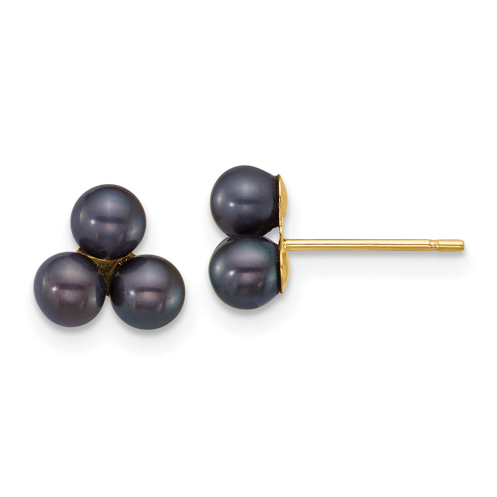 14k Polished 3-4mm Button Black Freshwater Cultured 3-Pearl Post Earrings
