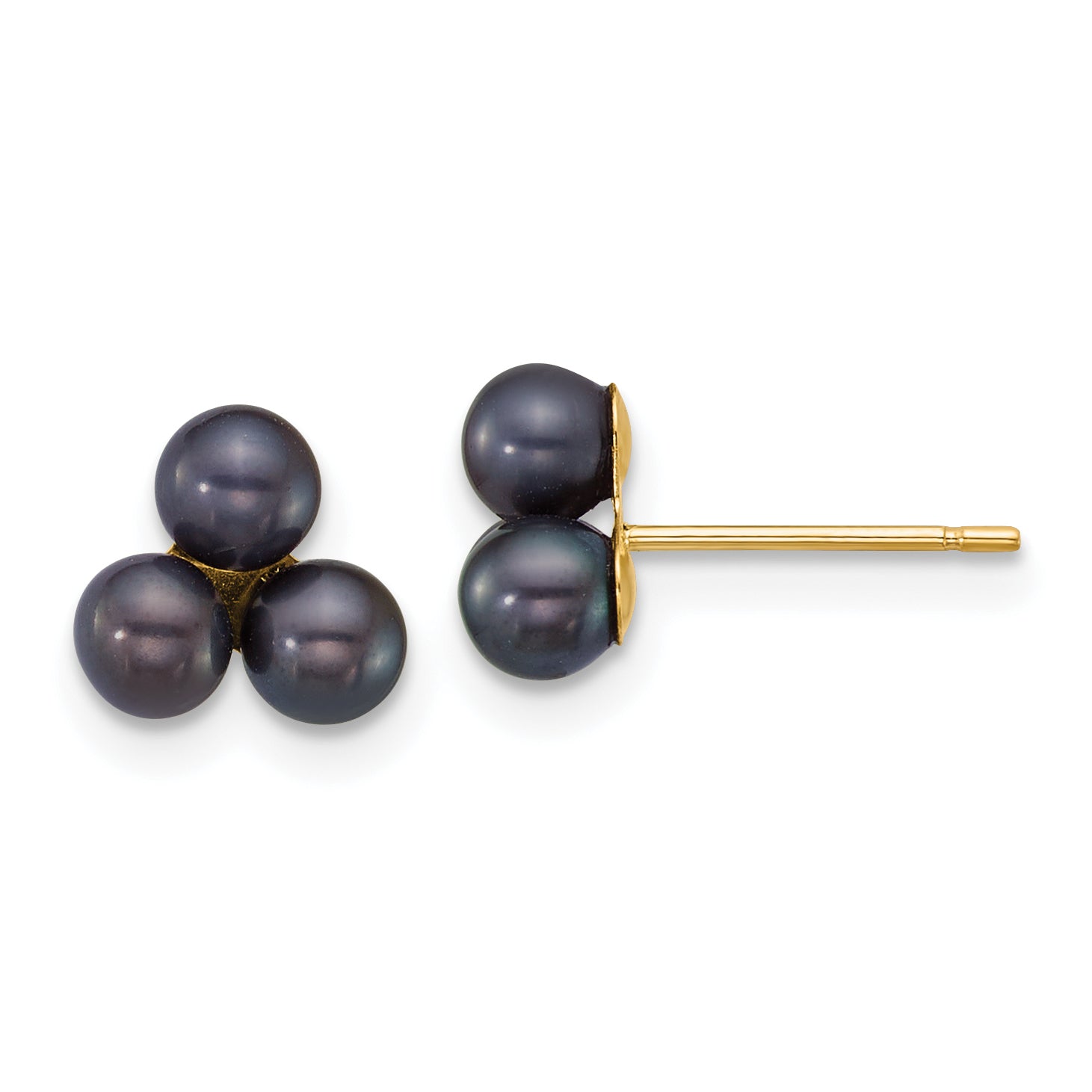 14k Polished 3-4mm Button Black Freshwater Cultured 3-Pearl Post Earrings