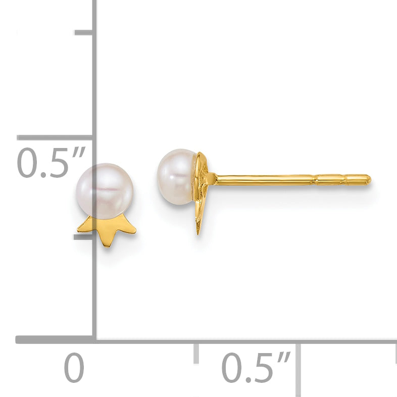 14k Polished 3-4mm Round White Freshwater Cultured Pearl with Crown Post Earrings