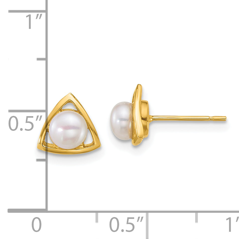 14k Polished 4-5mm Button White Freshwater Cultured Pearl Triangle Post Earrings