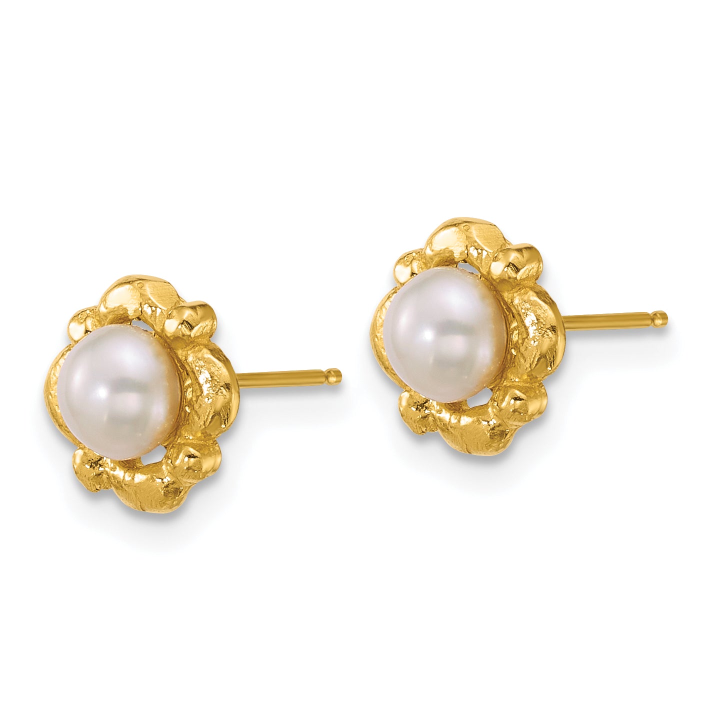 14k Polished and Textured 4-5mm Button White Freshwater Cultured Pearl Post Earrings
