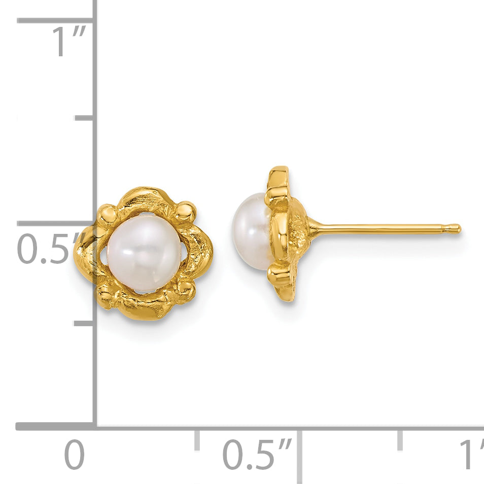 14k Polished and Textured 4-5mm Button White Freshwater Cultured Pearl Post Earrings