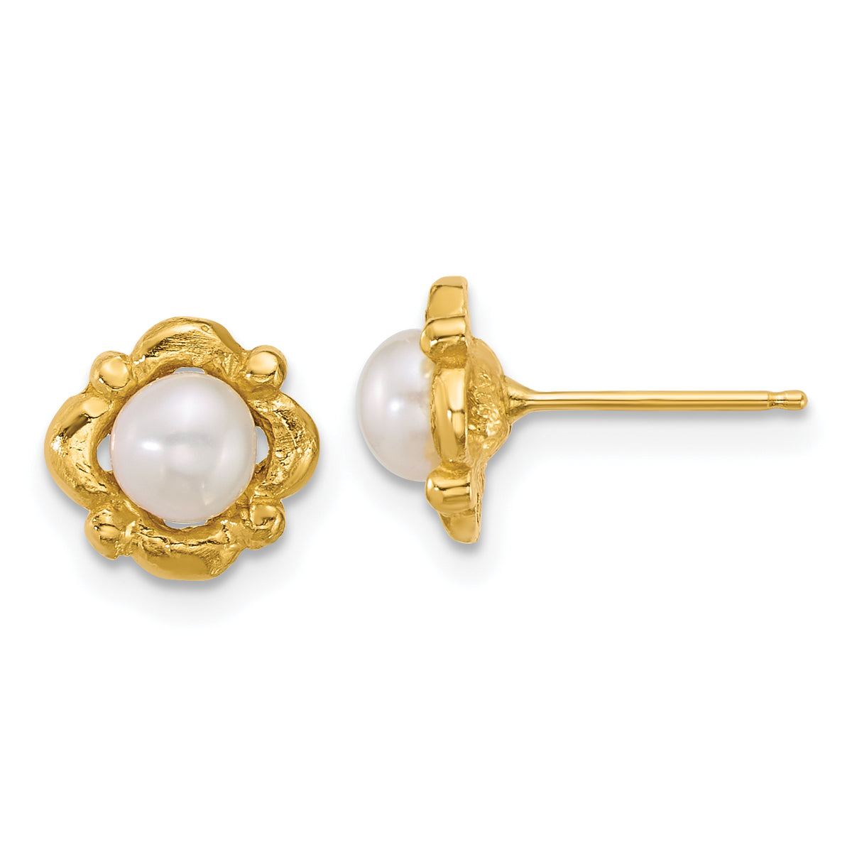 14k Polished and Textured 4-5mm Button White Freshwater Cultured Pearl Post Earrings