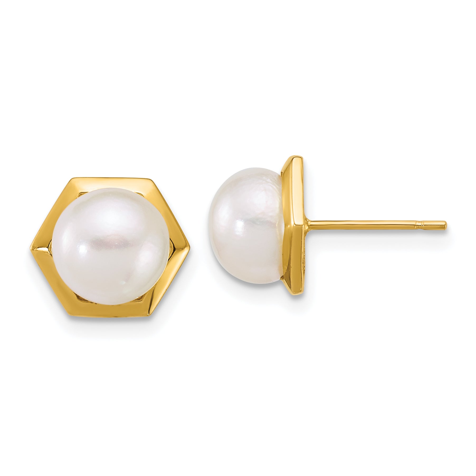 14k Polished 7-8mm Button White Freshwater Cultured Pearl Hexagon Post Earrings Main image