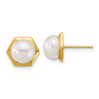 14k Polished 7-8mm Button White Freshwater Cultured Pearl Hexagon Post Earrings