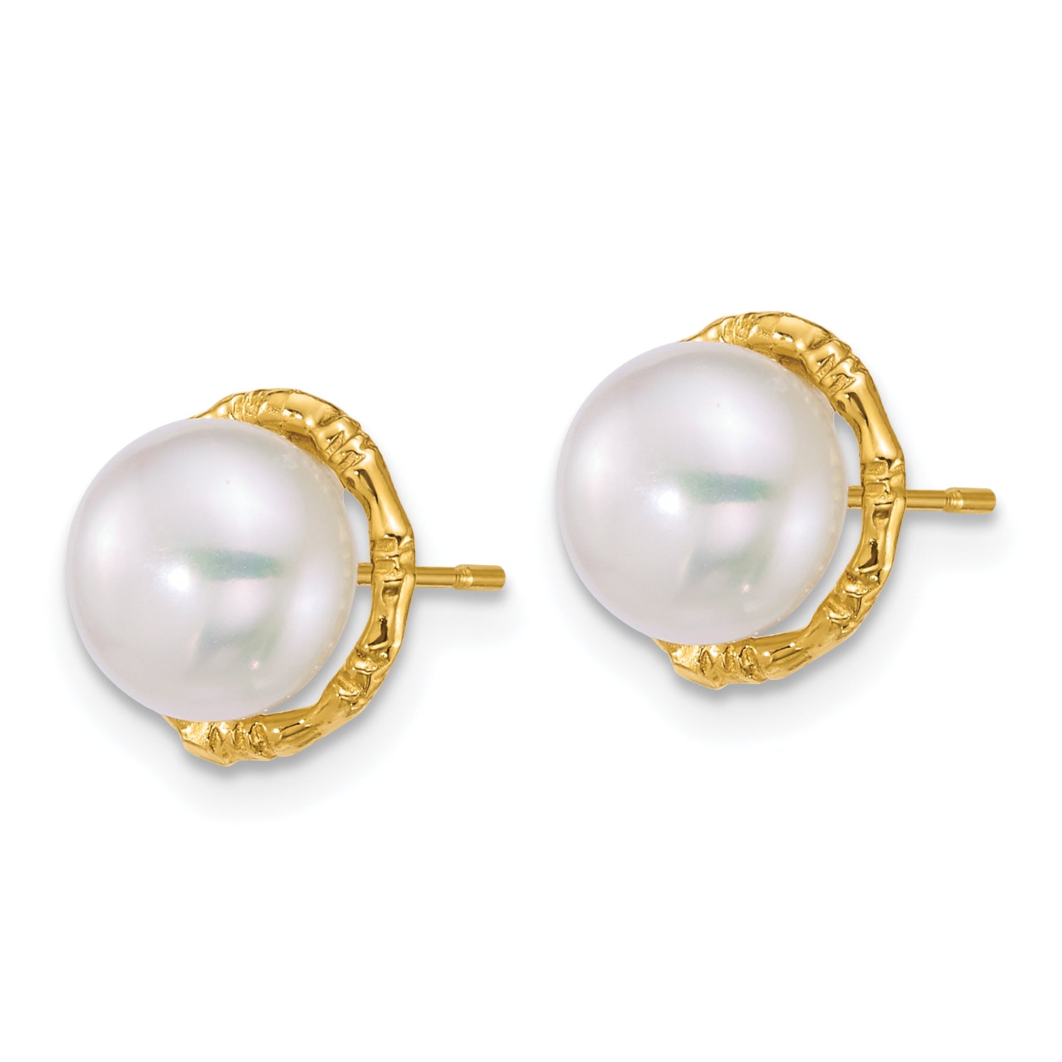 14k Polished and Textured 7-8mm Button White Freshwater Cultured Pearl Post Earrings Secondary image
