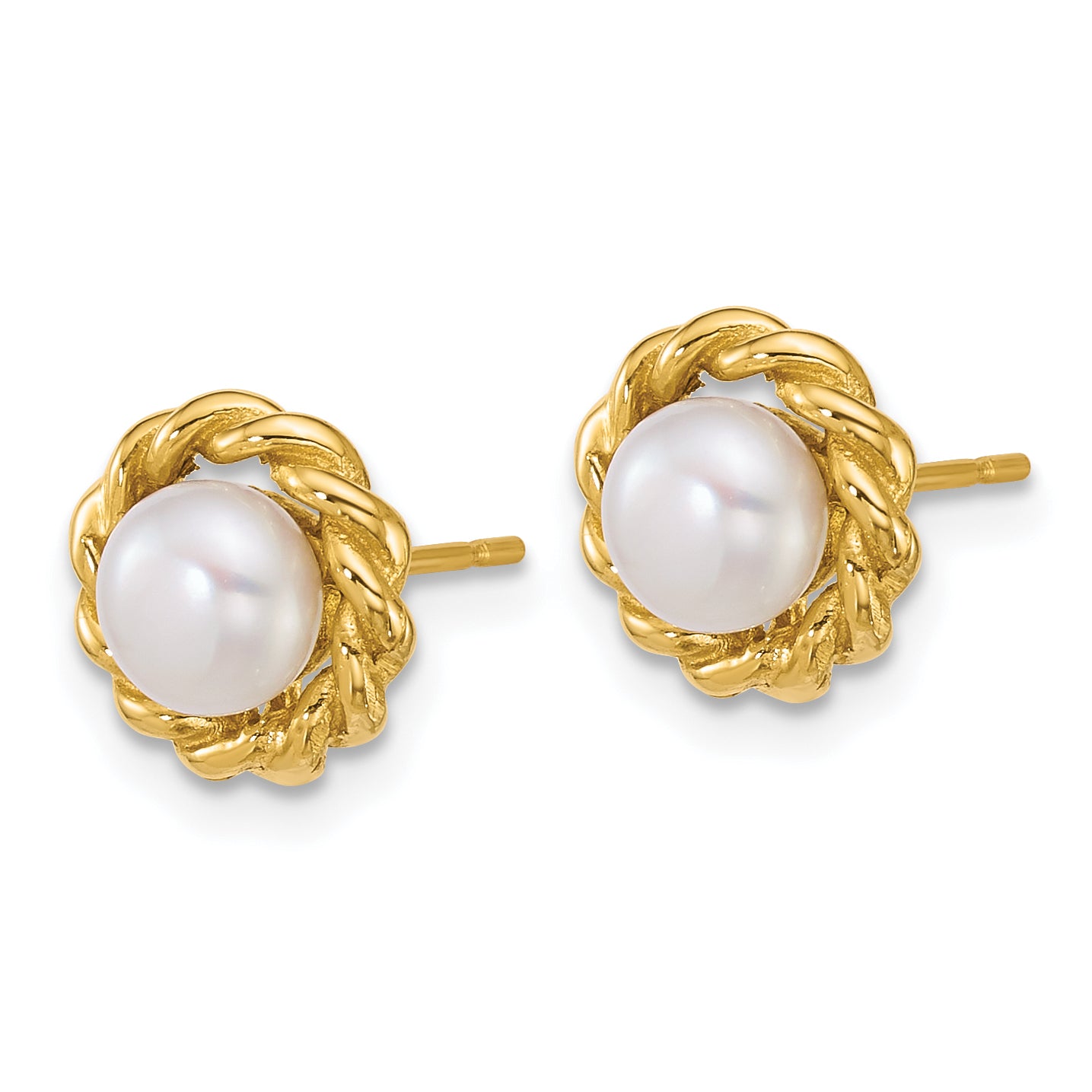 14k Polished 5-6mm Button White Freshwater Cultured Pearl Twisted Edge Post Earrings Secondary image
