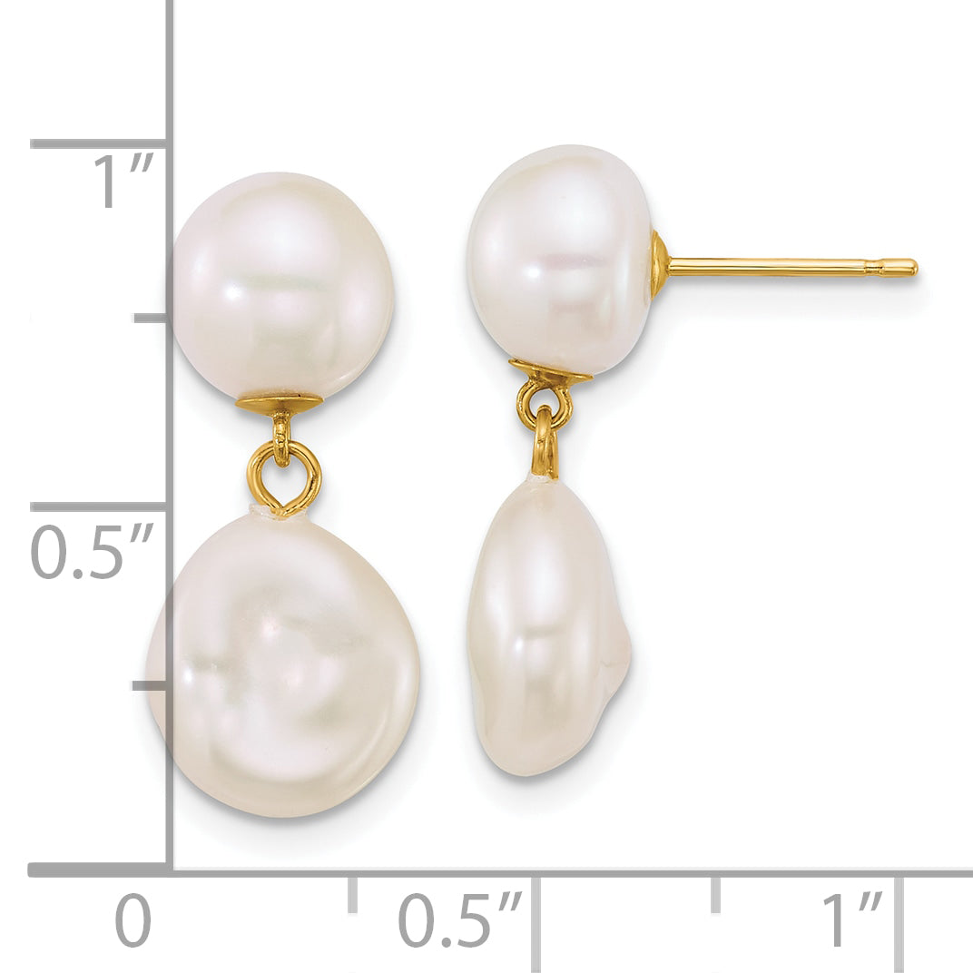 14k Polished 7-10mm Baroque White Freshwater Cultured Pearl Dangle Post Earrings