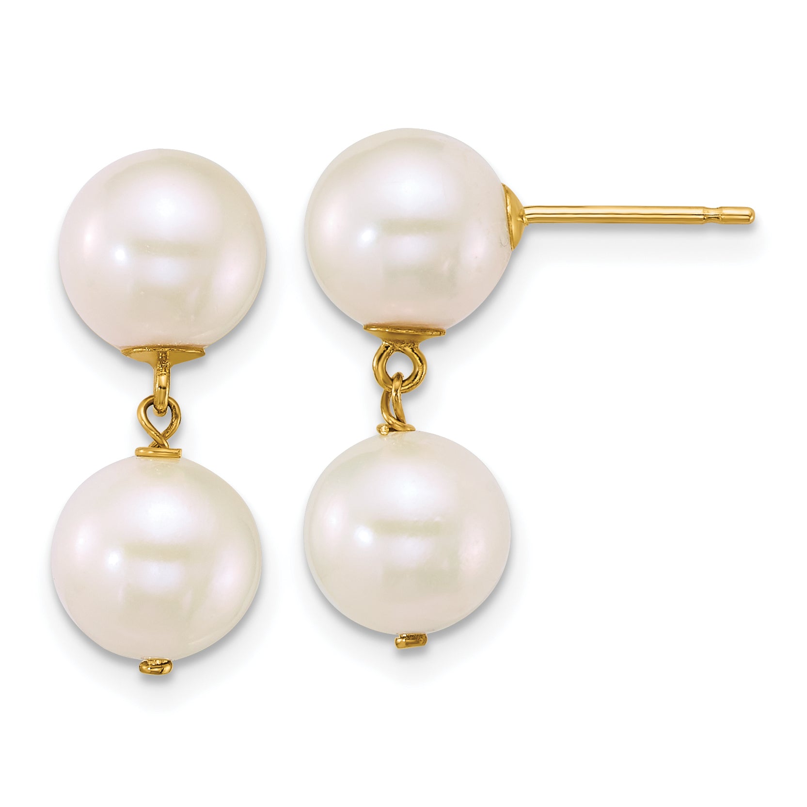 14k Polished 7-8mm Round White Freshwater Cultured 2-Pearl Dangle Post Earrings Main image