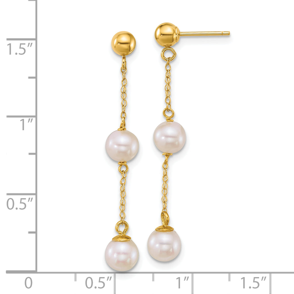 14k Polished 5-6mm Round White Freshwater Cultured 2-Pearl and Chain Dangle Post Earrings