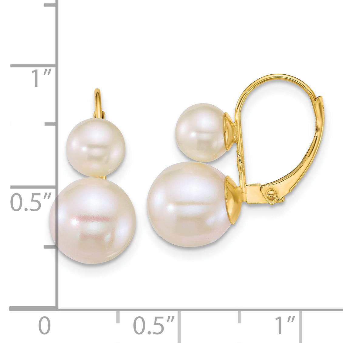 14k Polished 6-9mm Round White Freshwater Cultured 2-Pearl Leverback Earrings