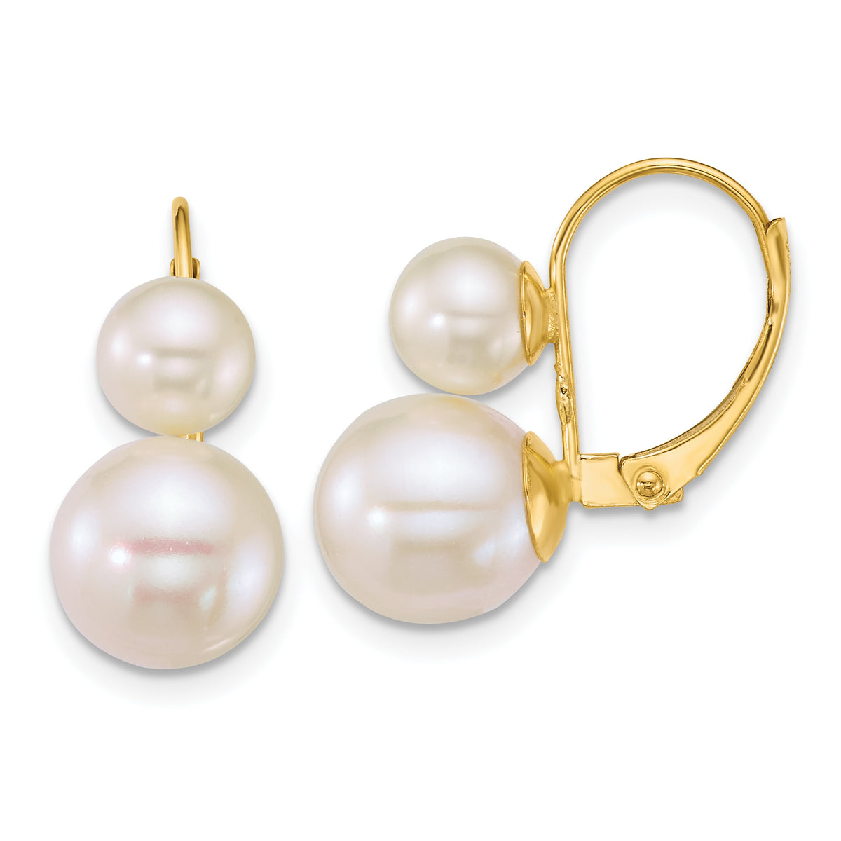 14k Polished 6-9mm Round White Freshwater Cultured 2-Pearl Leverback Earrings Main image