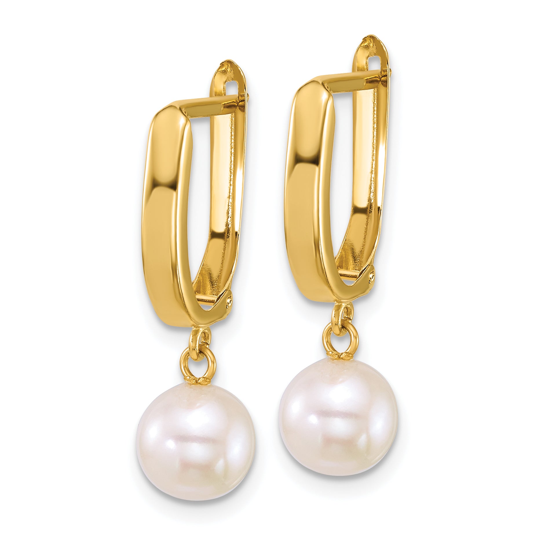 14k Polished 7-8mm Round White Freshwater Cultured Pearl Dangle Hoop Earrings Secondary image