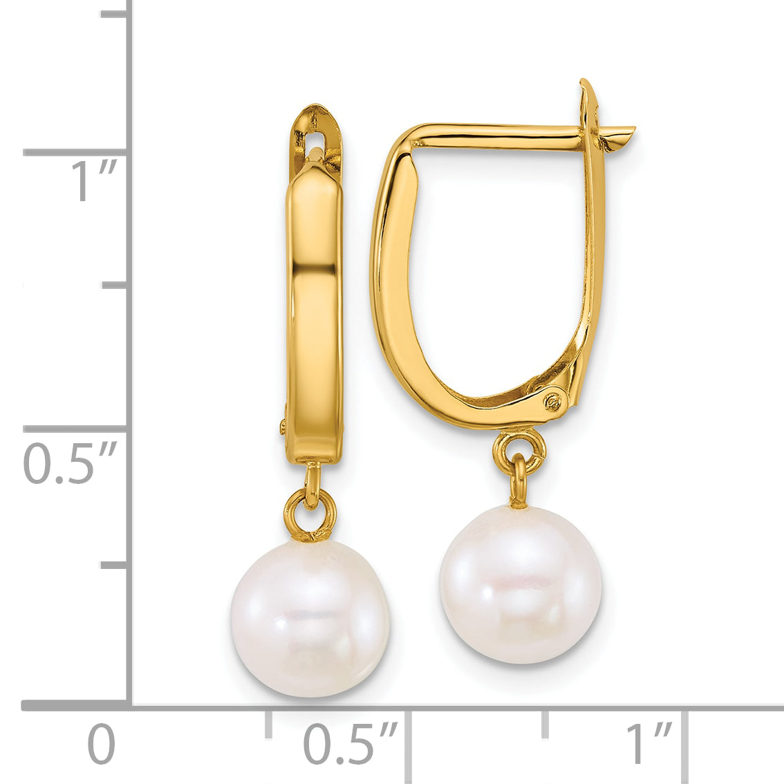 14k Polished 7-8mm Round White Freshwater Cultured Pearl Dangle Hoop Earrings
