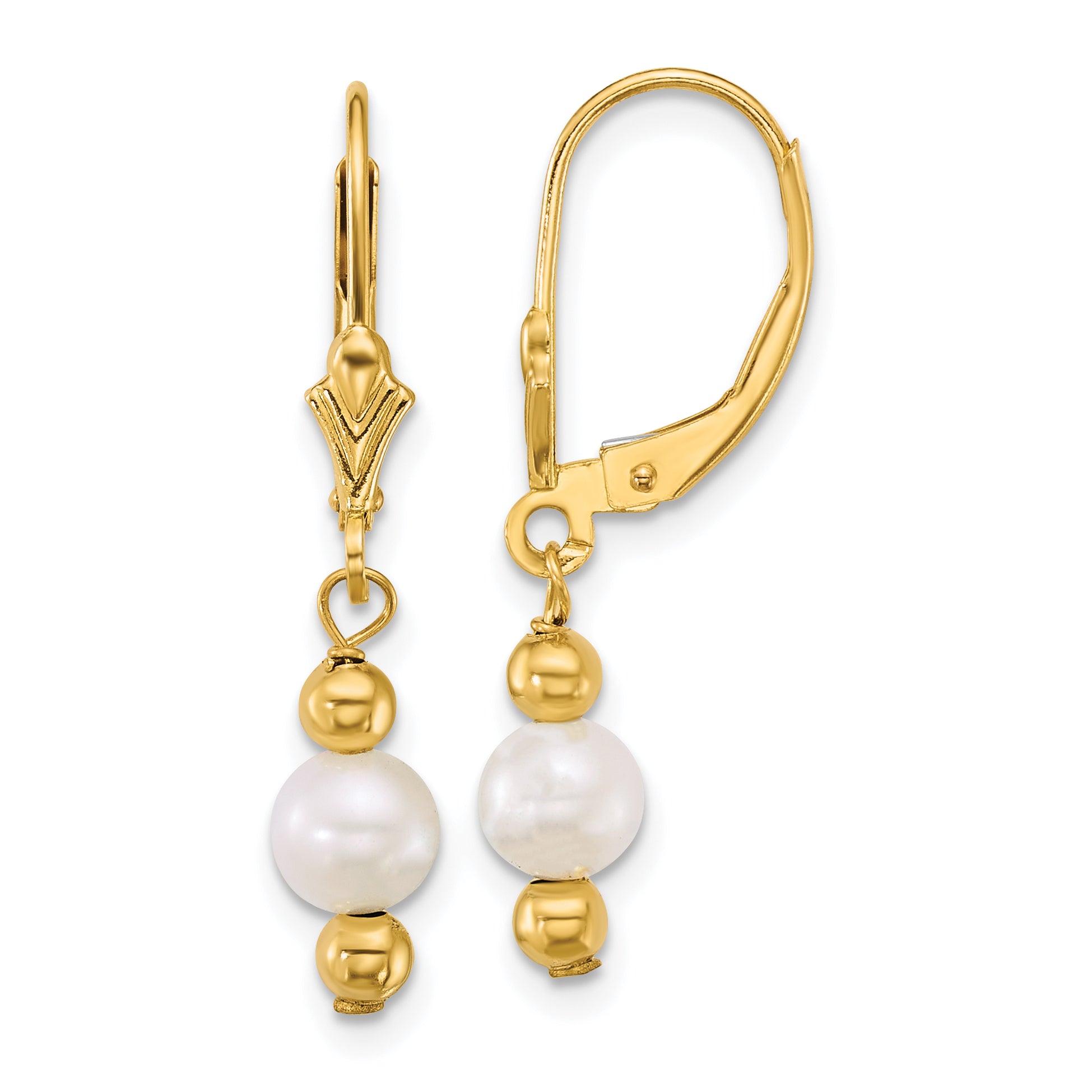 14k Polished 5-6mm Round White Freshwater Cultured Pearl Dangle Leverback Earrings Main image
