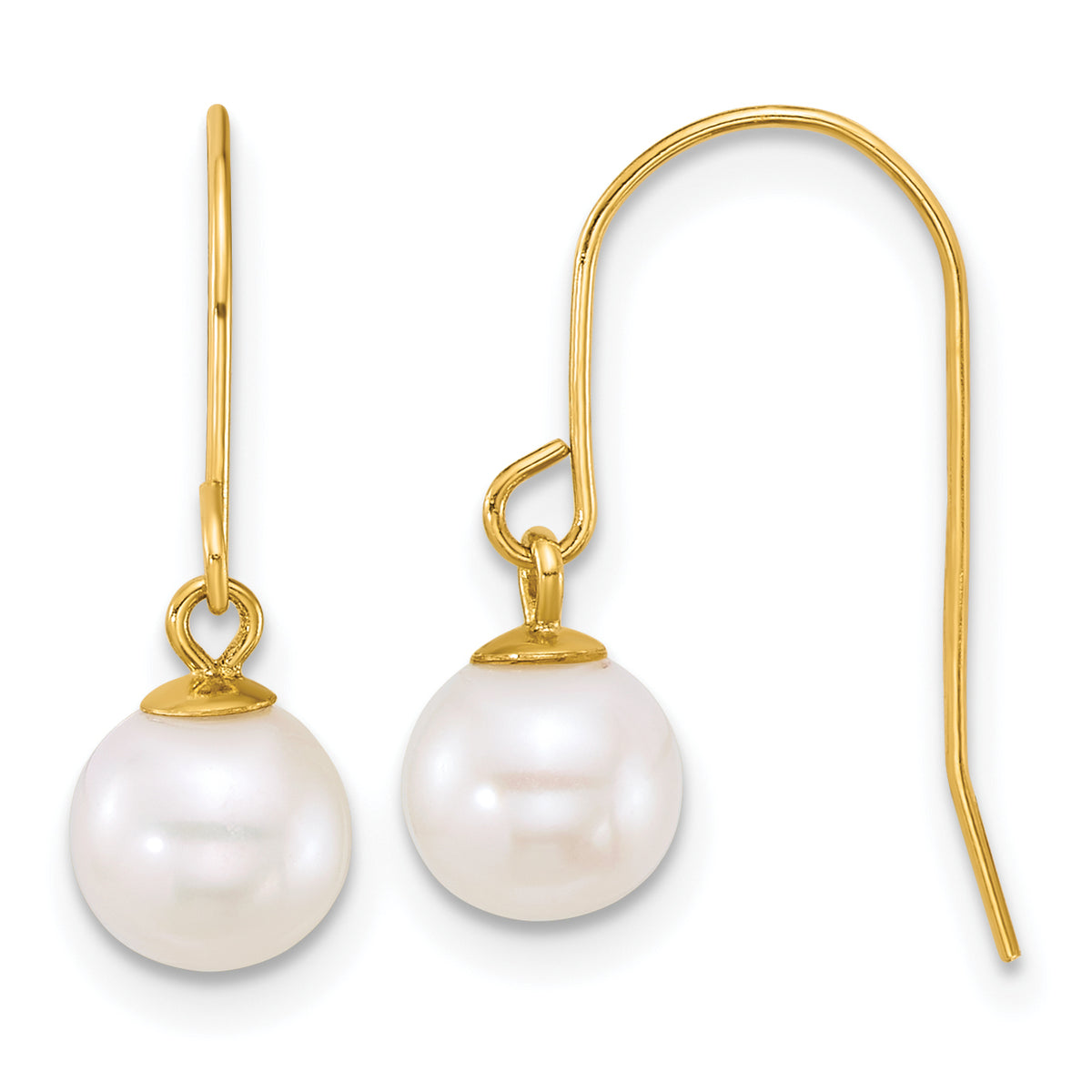 14k Polished 6-7mm Round White Freshwater Culture Pearl Dangle Shepherd Hook Earrings Main image