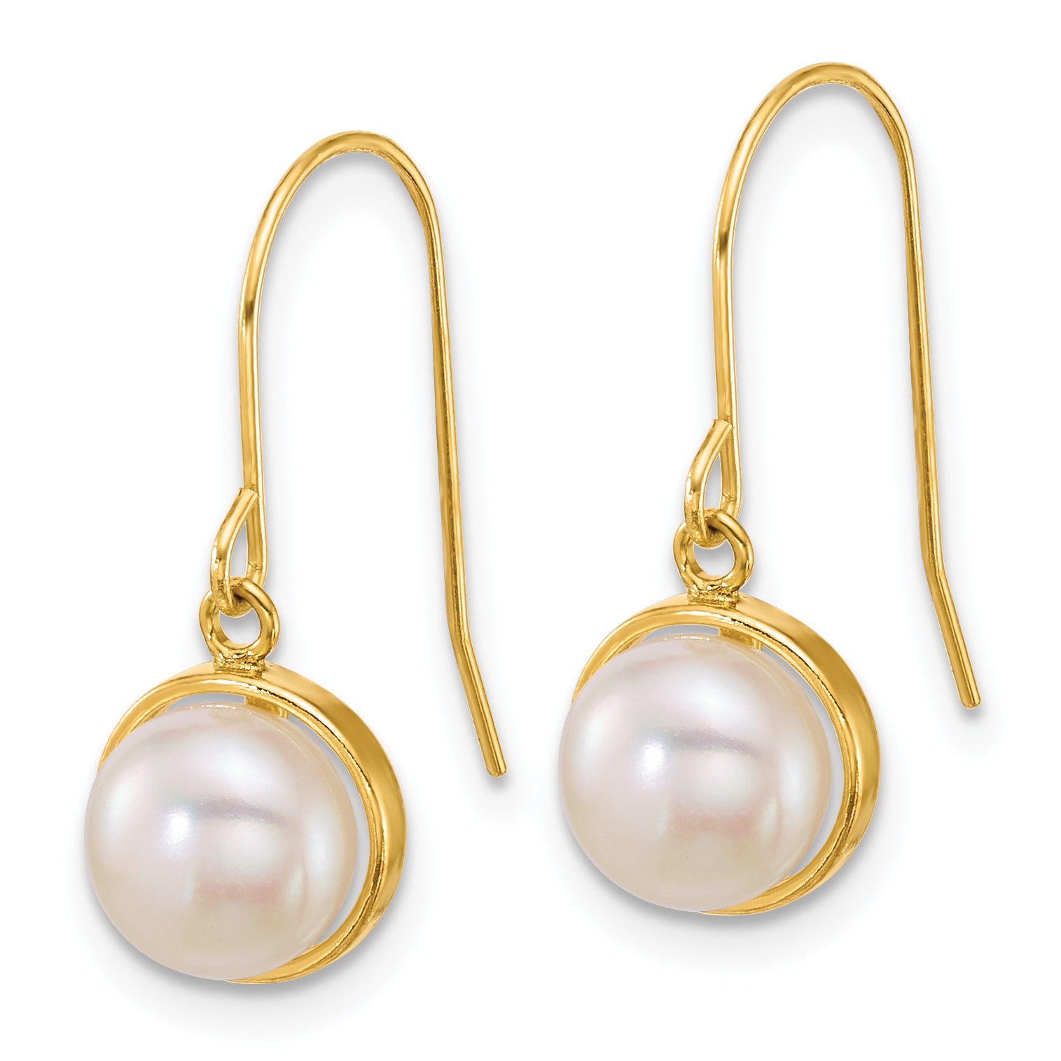 14k Polished 6-7mm Button White Freshwater Cultured Pearl Dangle Shepherd Hook Earrings Secondary image