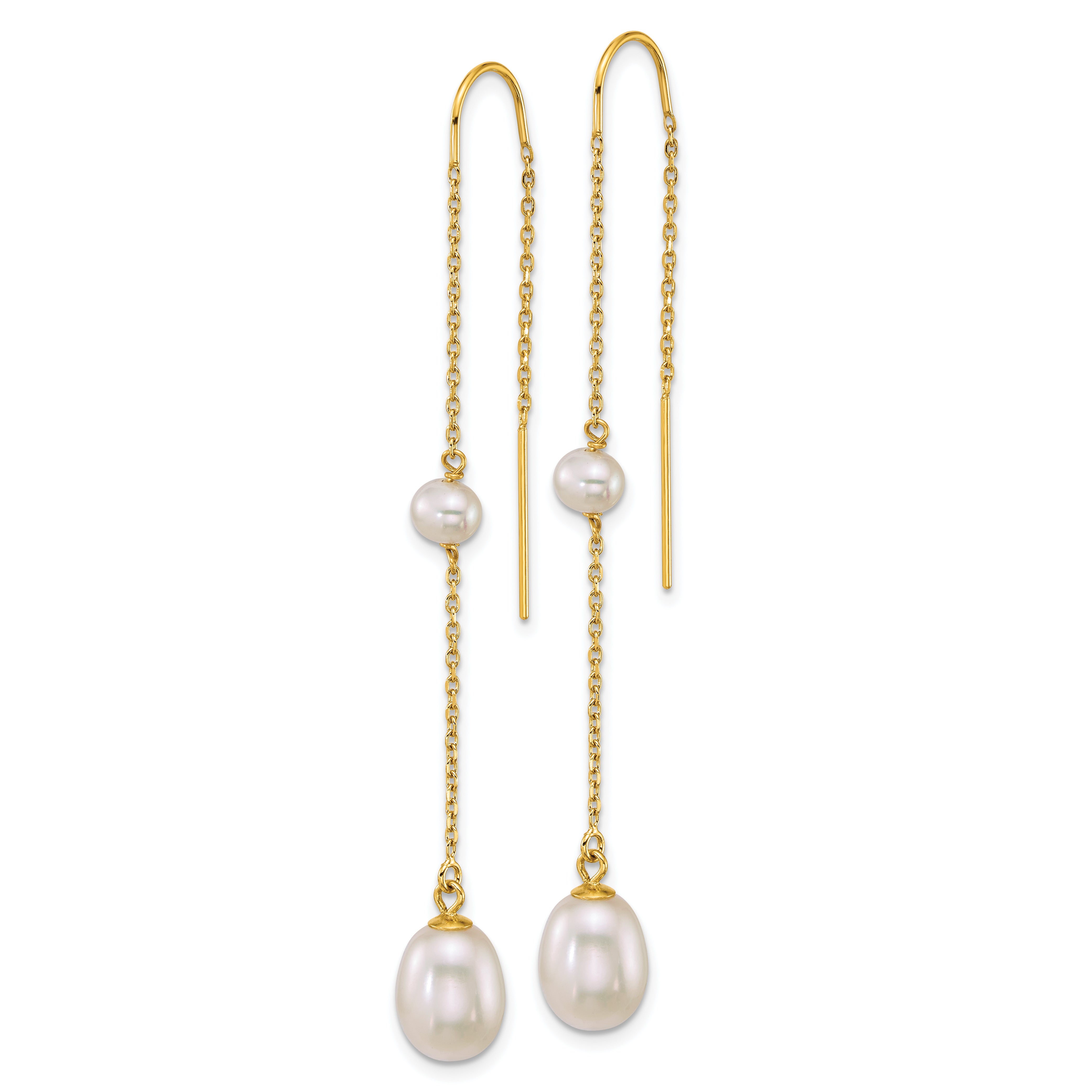 14k Polished 4-5mm Near Round and 7-8mm Teardrop White Freshwater Cultured Pearl and Chain Threader Earrings Secondary image