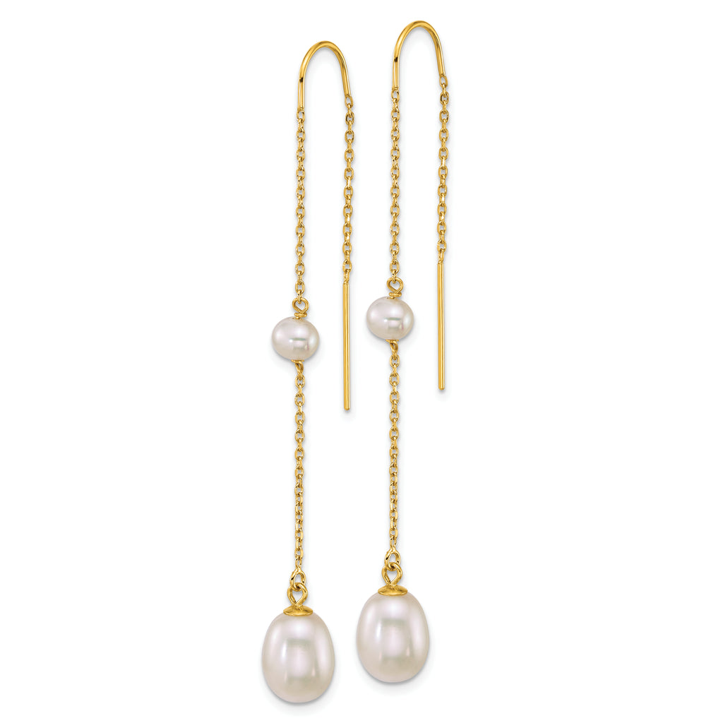 14k Polished 4-5mm Near Round and 7-8mm Teardrop White Freshwater Cultured Pearl and Chain Threader Earrings