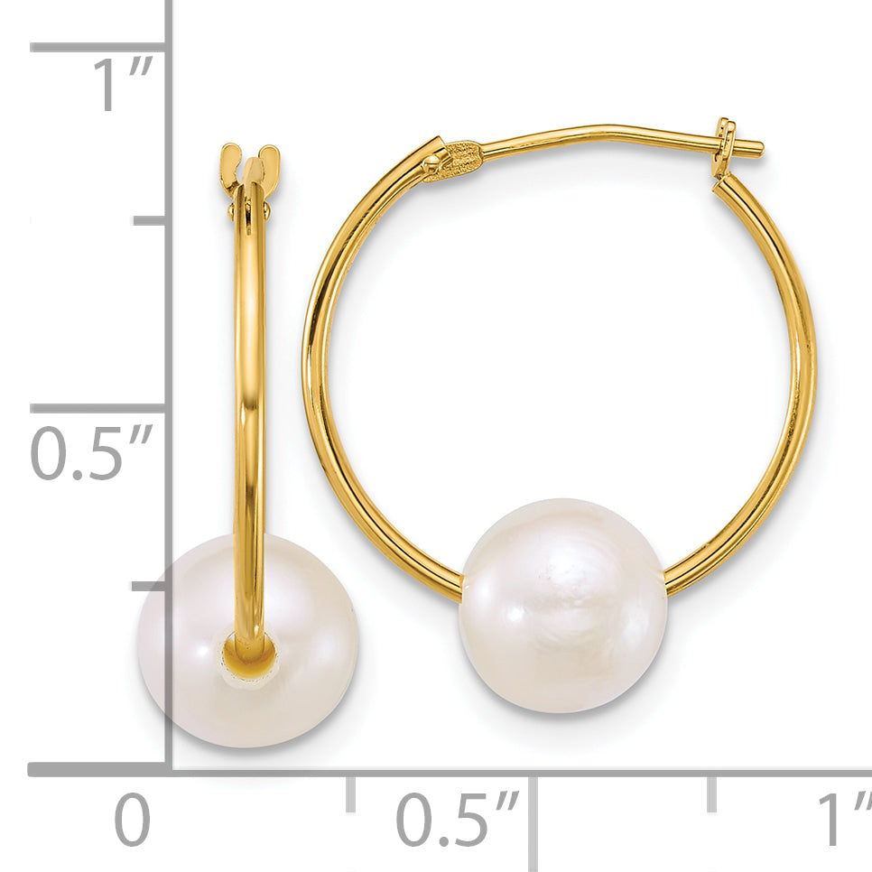 14k Polished 7-8mm Semi-Round White Freshwater Cultured Pearl Hoop Earrings