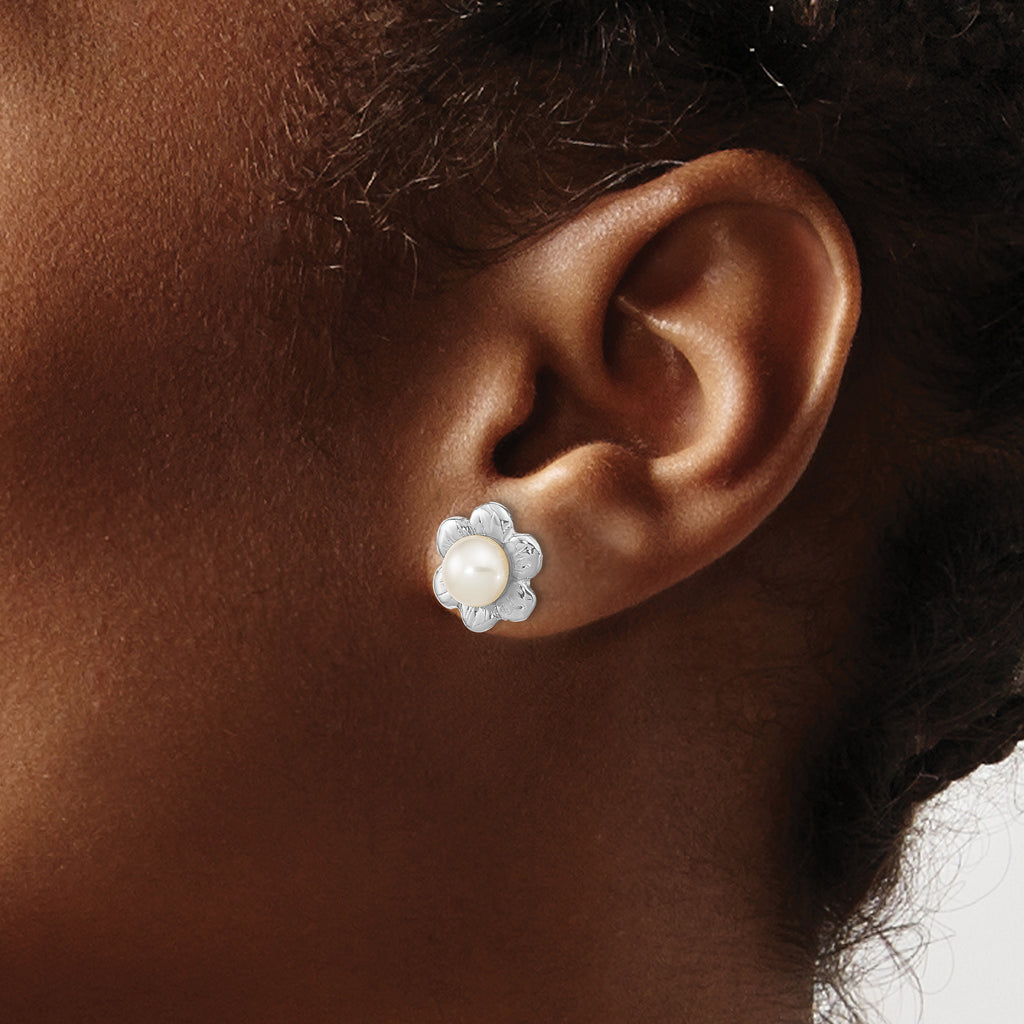 Madi K 14k White Gold 3-4mm White Button Freshwater Cultured Pearl Flower Post Earrings