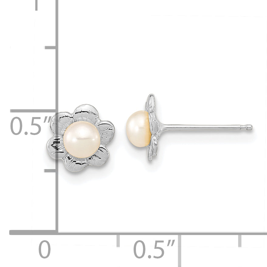 Madi K 14k White Gold 3-4mm White Button Freshwater Cultured Pearl Flower Post Earrings