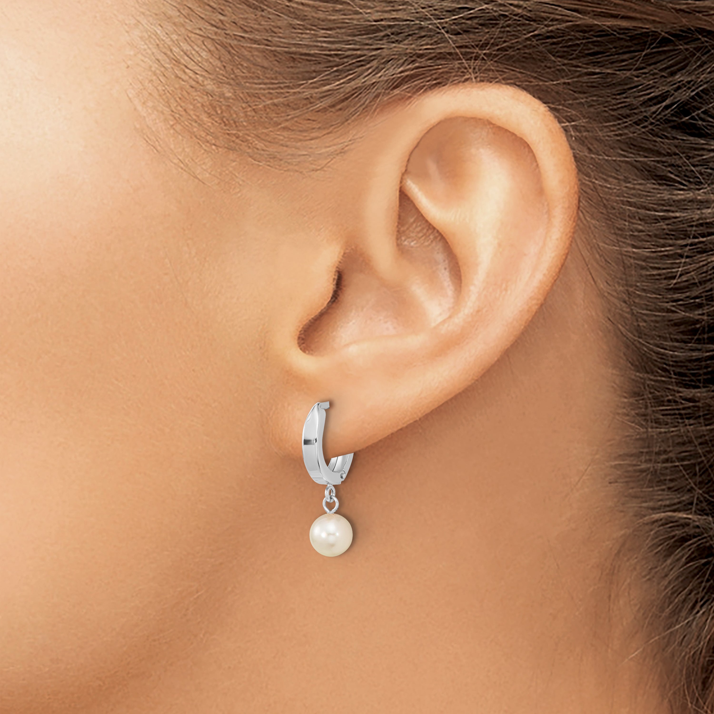 14k White 6-7mm Round Akoya Saltwater Cultured Pearl Dangle Hoop Earrings