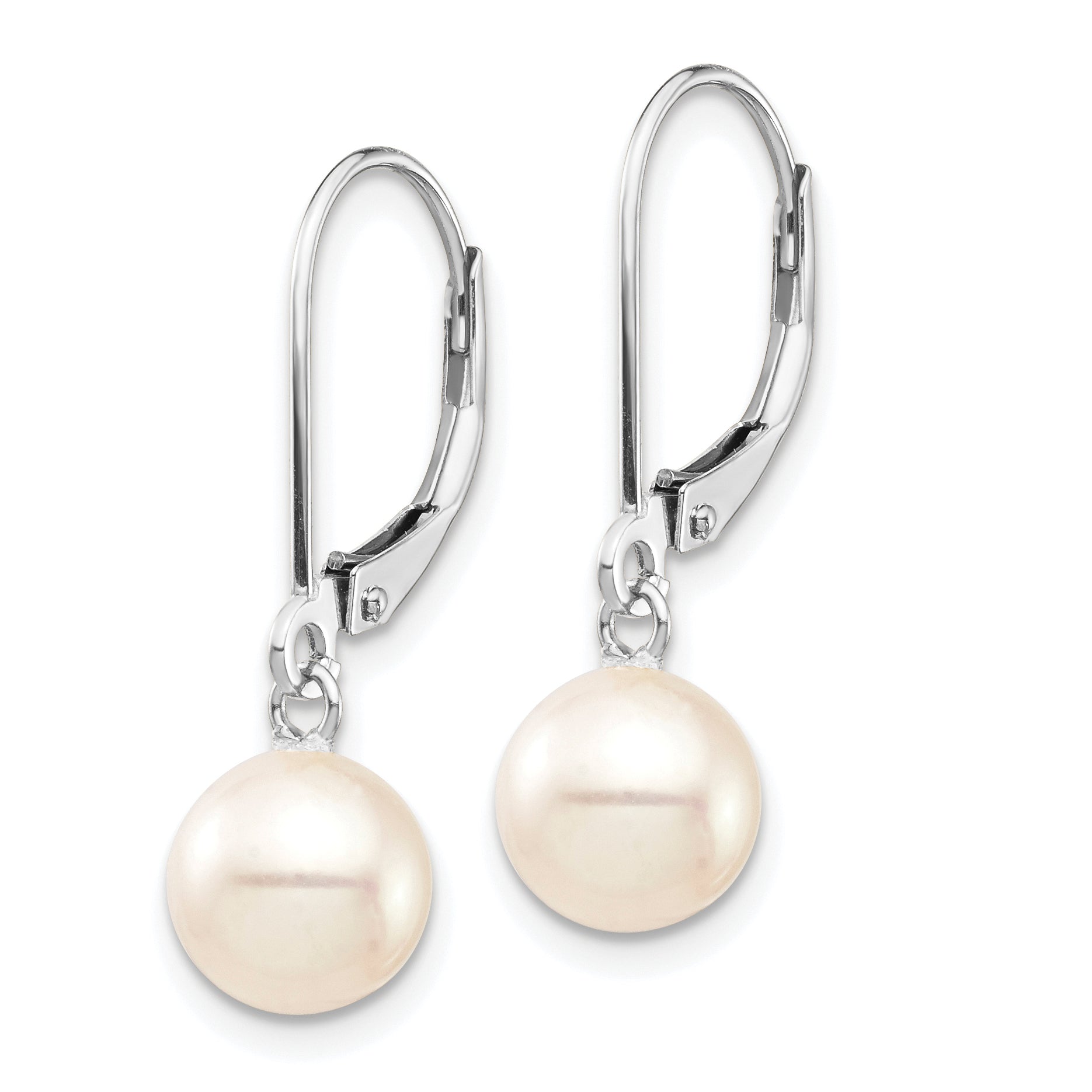 14k White Gold 7-8mm White Round Freshwater Cultured Pearl Dangle Leverback Earrings Secondary image
