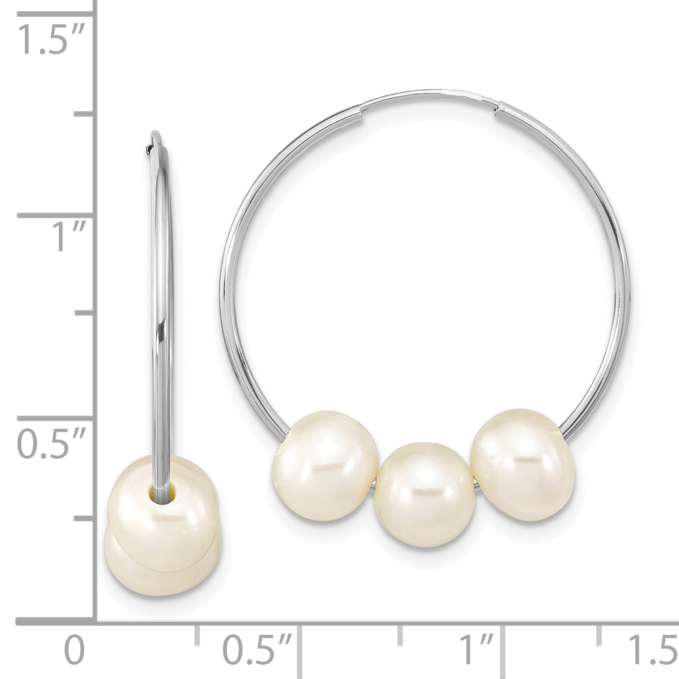 14k White Gold 6-7mm White Semi-Round Freshwater Cultured 3 Pearl Hoop Earrings