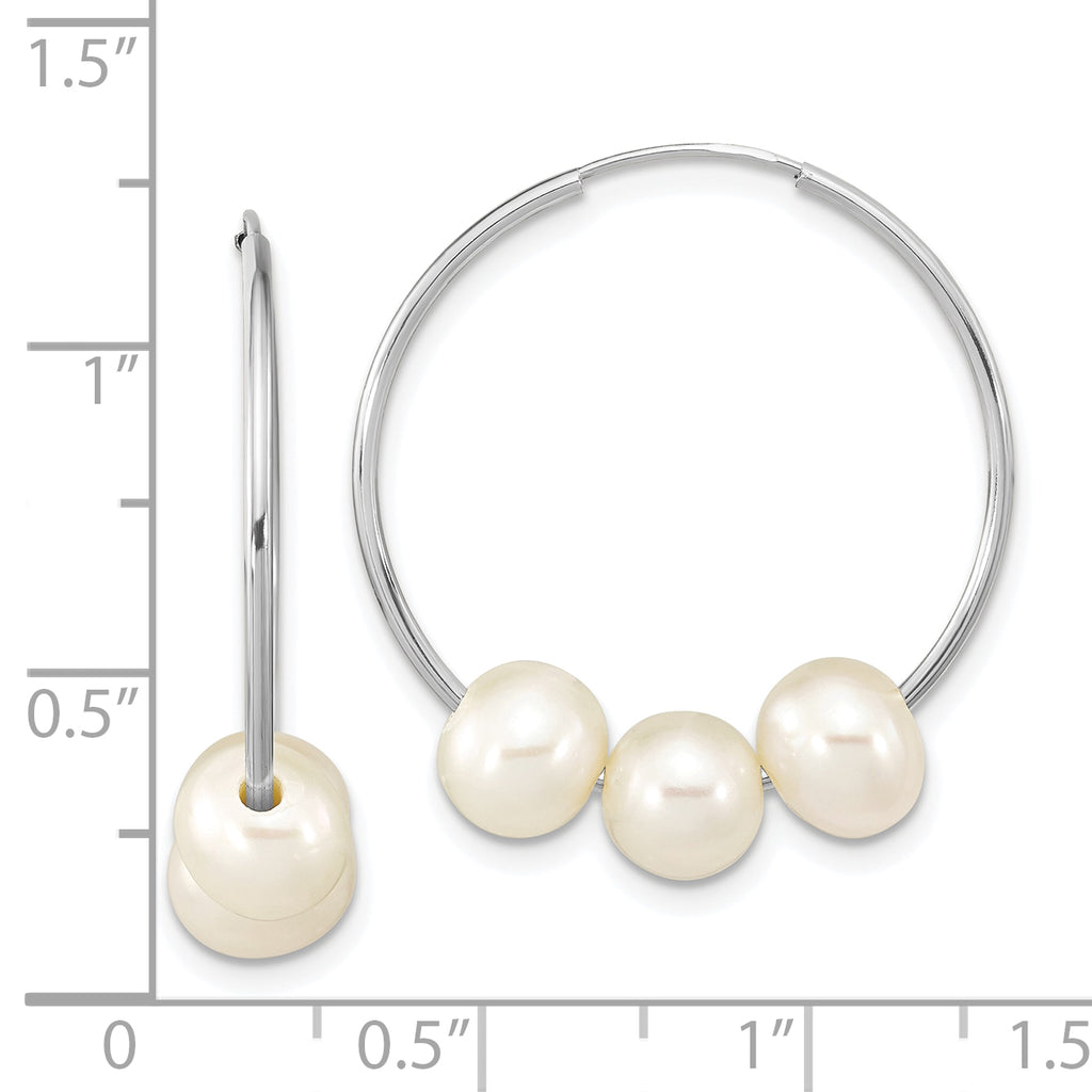 14k White Gold 6-7mm White Semi-Round Freshwater Cultured 3 Pearl Hoop Earrings