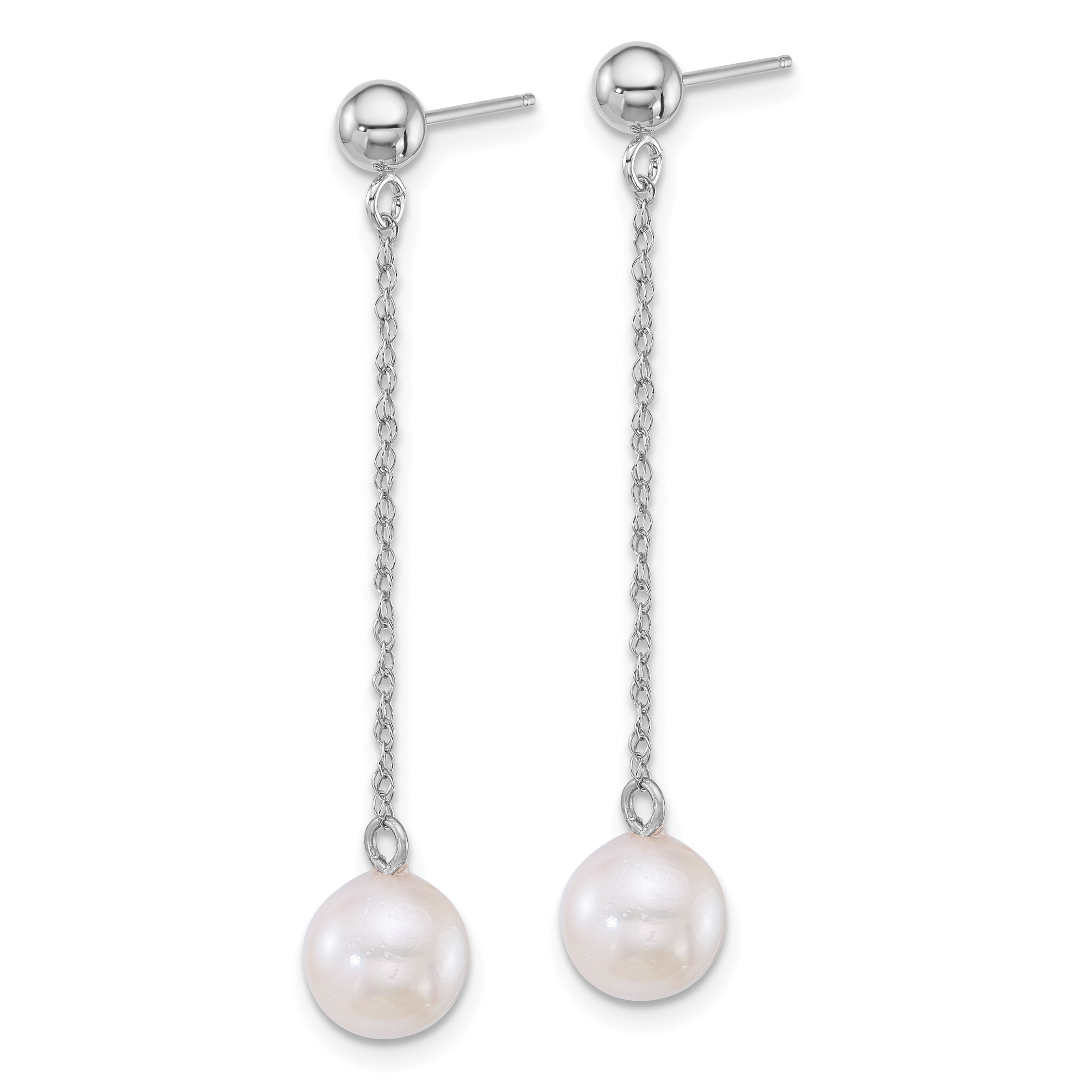 14k White Gold Polished 6.5-7mm White Round Akoya Saltwater Cultured Pearl Chain Dangle Post Earrings Secondary image