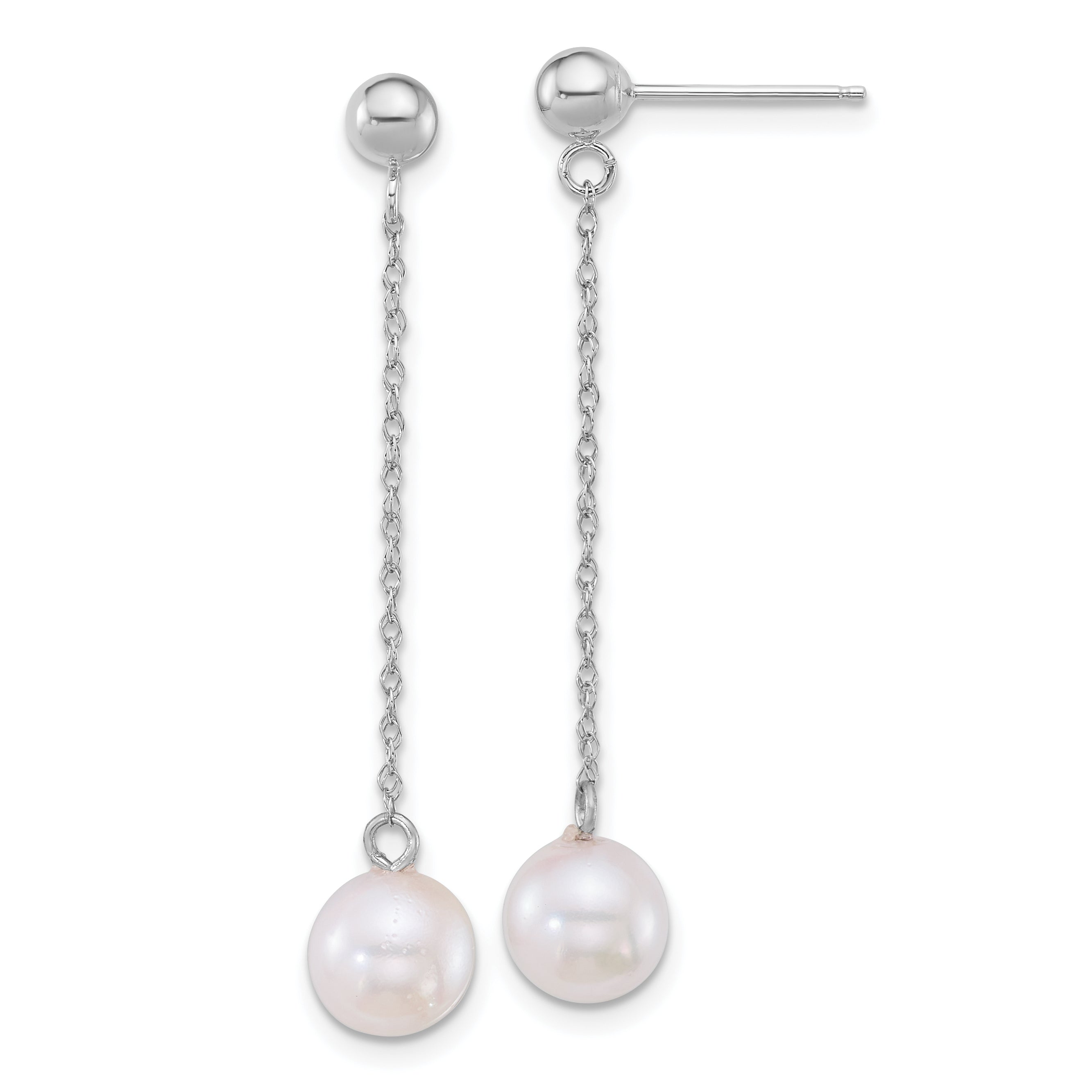 14k White Gold Polished 6.5-7mm White Round Akoya Saltwater Cultured Pearl Chain Dangle Post Earrings Main image