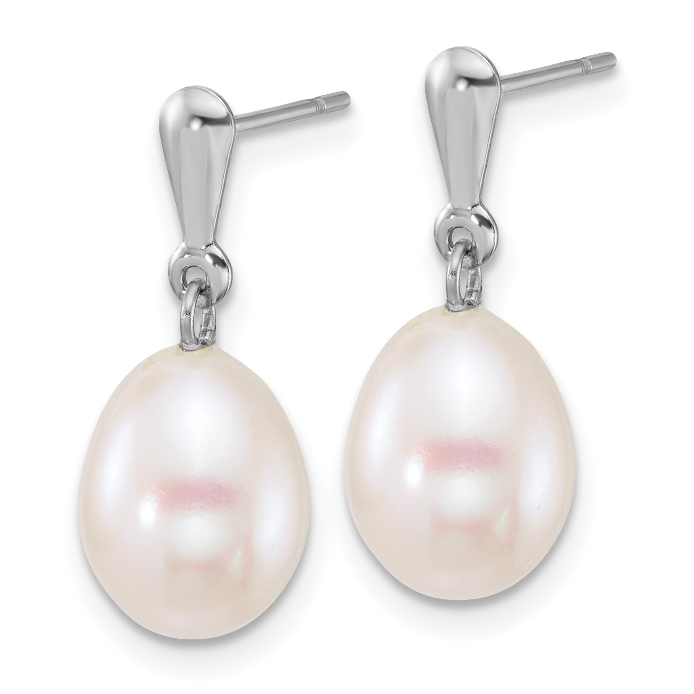 14k White Gold Polished 8-9mm Rice White Freshwater Cultured Pearl Dangle Post Earrings Secondary image