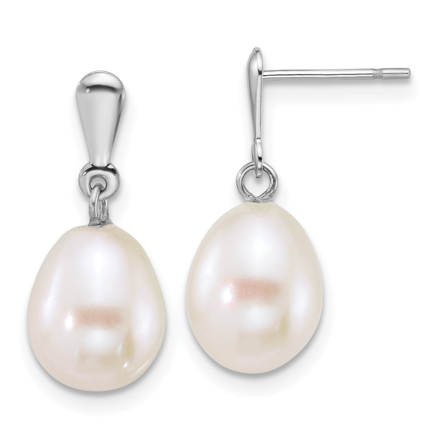 14k White Gold Polished 8-9mm Rice White Freshwater Cultured Pearl Dangle Post Earrings Main image