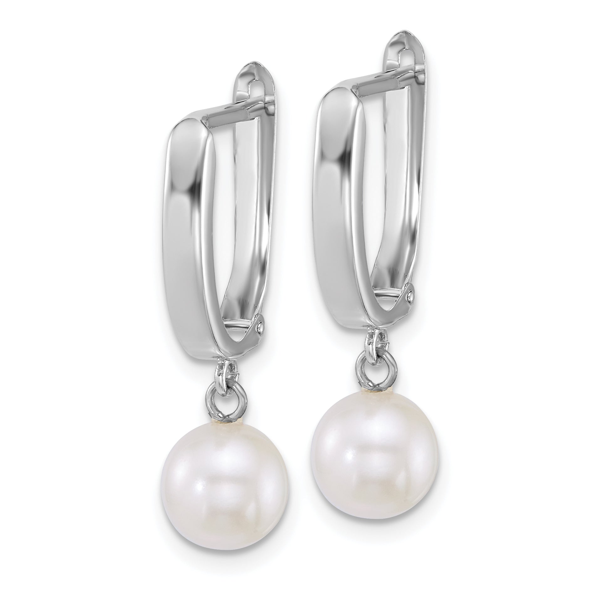 14k White Gold Polished 7-8mm Round White Freshwater Cultured Pearl Dangle Hoop Earrings Secondary image