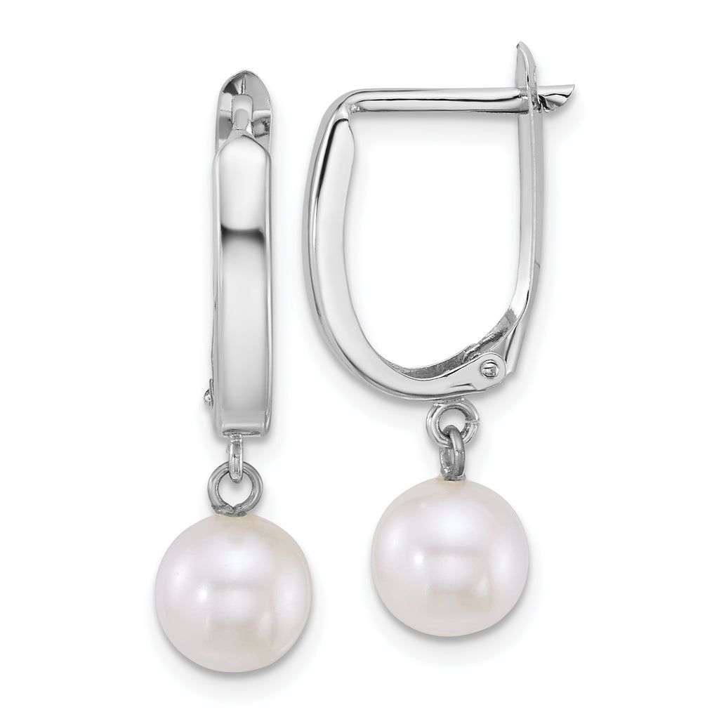 14k White Gold Polished 7-8mm Round White Freshwater Cultured Pearl Dangle Hoop Earrings