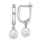 14k White Gold Polished 7-8mm Round White Freshwater Cultured Pearl Dangle Hoop Earrings