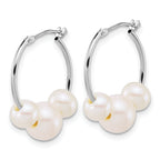 14K White Gold Polished 6-8mm Semi-Round White Freshwater Cultured 3-Pearl Hoop Earrings