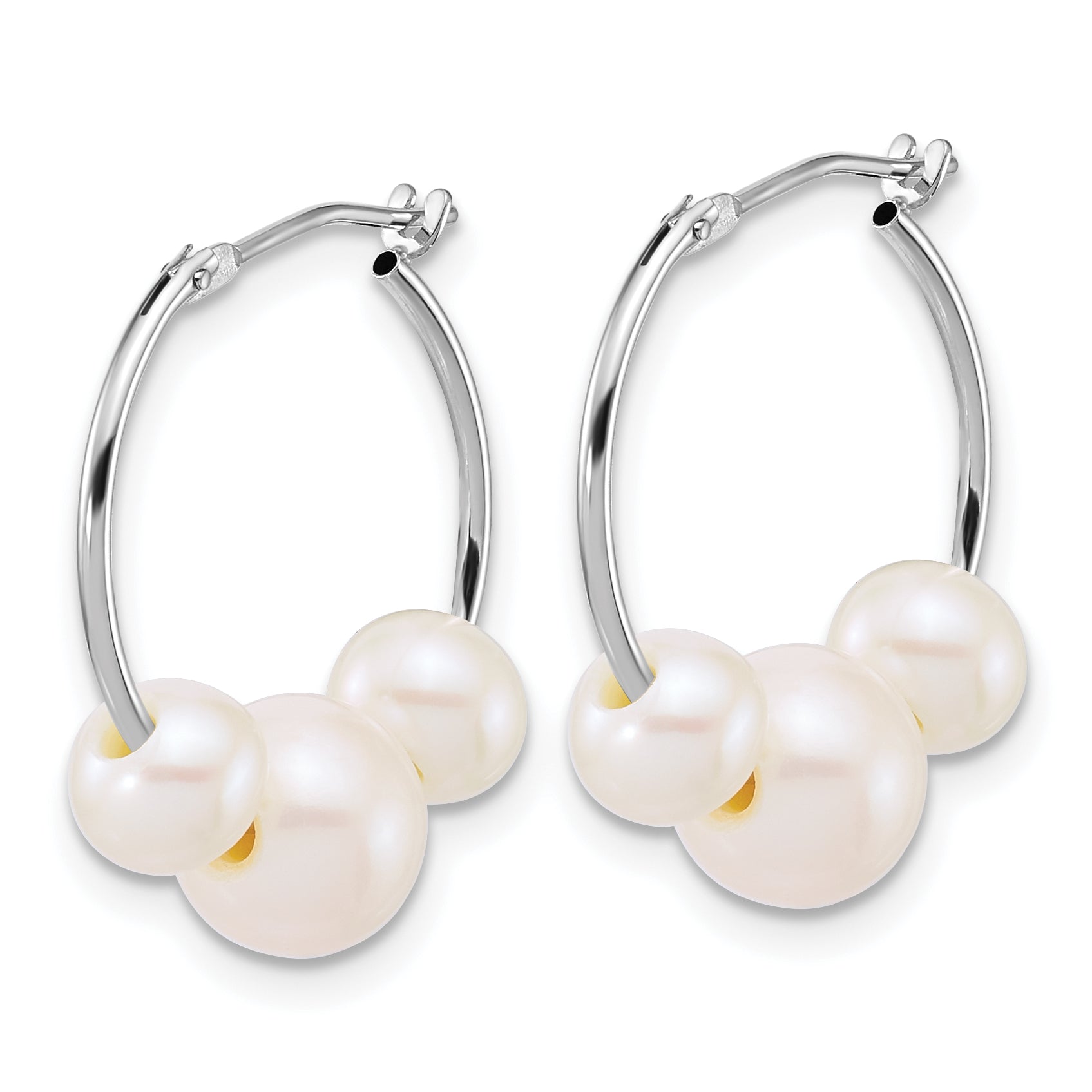 14K White Gold Polished 6-8mm Semi-Round White Freshwater Cultured 3-Pearl Hoop Earrings