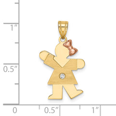 14k Two-tone The Kids Small Girl with Bow on Right AAA Diamond Kiss Pendant