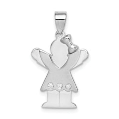 14k White Gold The Kids Small Girl with Ruffles and Bow on Right AAA Diamond Love Charm
