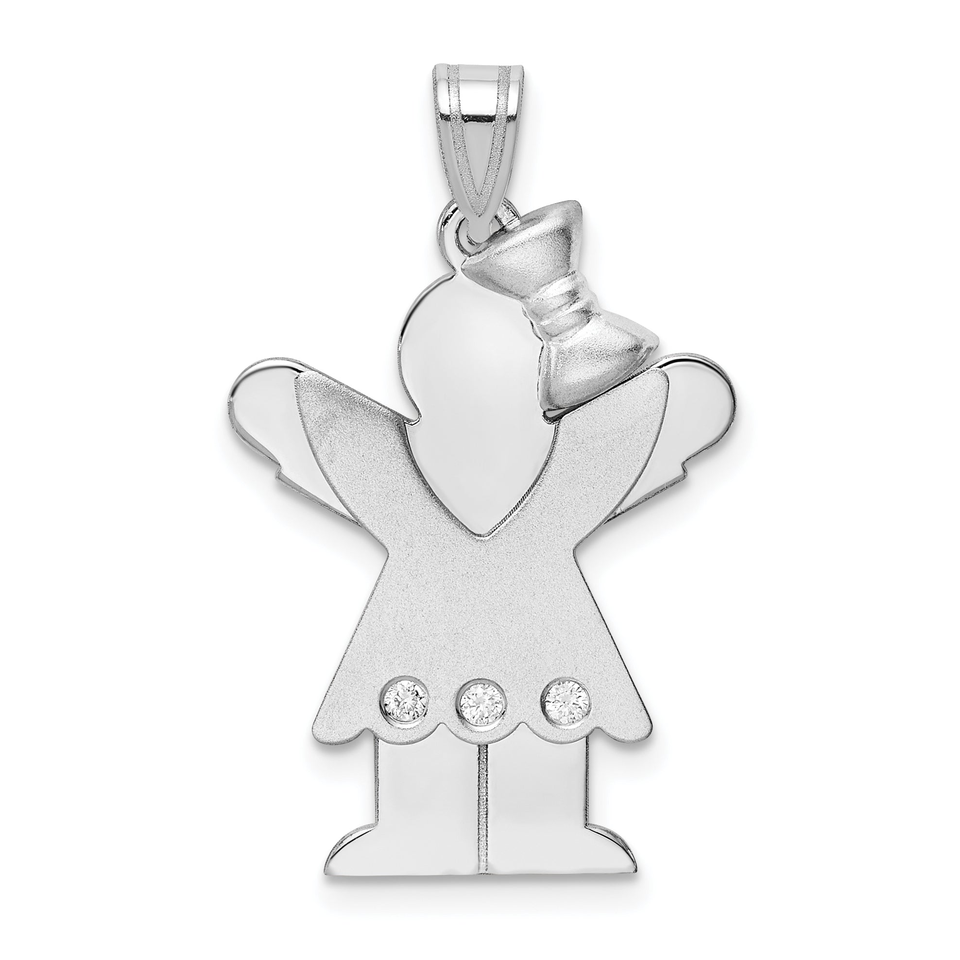 14k White Gold The Kids Medium Girl with Ruffles and Bow on Right AAA Diamond Love Charm